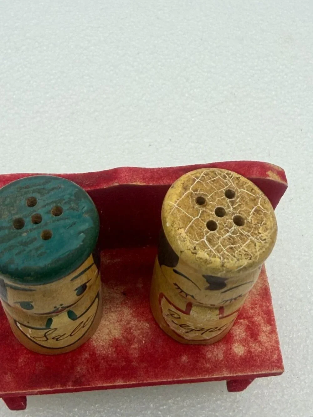 Vintage Wood Peg Chef Salt and Pepper Shakers and Red Bench Holder Japan
